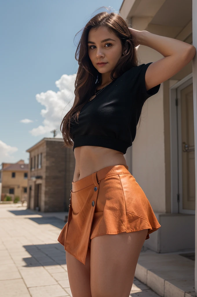 1girl in, 30 years old, Square face, Long hair, Looking at viewer, jewelry, Reality, Sexy, Short skirt outfit, sky background , free pose