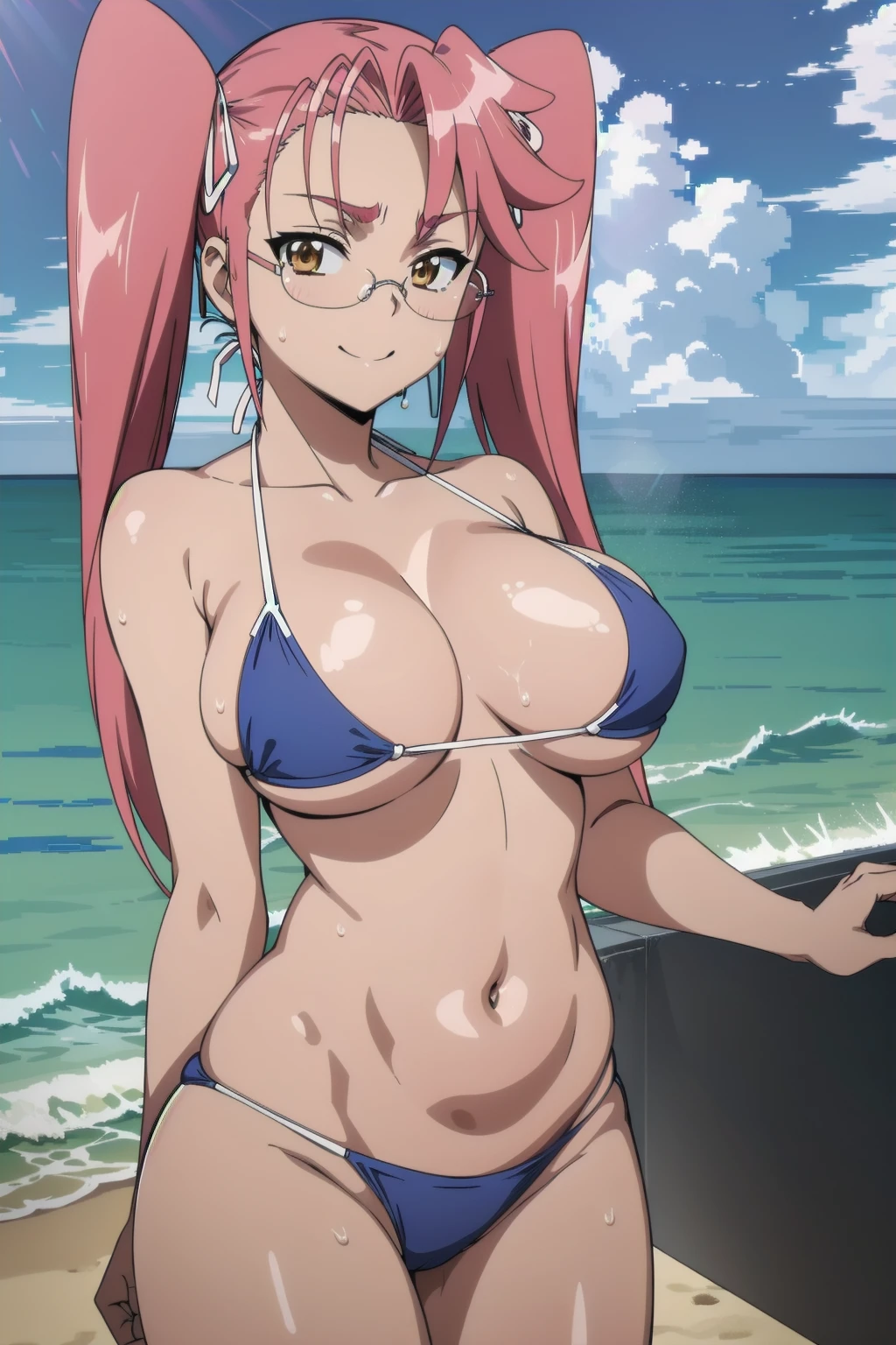 (((pixel-perfect, detail-perfect))), solo, 1girl,saya takagi, glasses,smile,looking at the viewer, blue theme, blue background, cloudy sky, sunlight, sweat, orgasmic, bikini swimsuit, large breasts, cleavage, belly button exposed, collarbone, thighs, sea and beach,