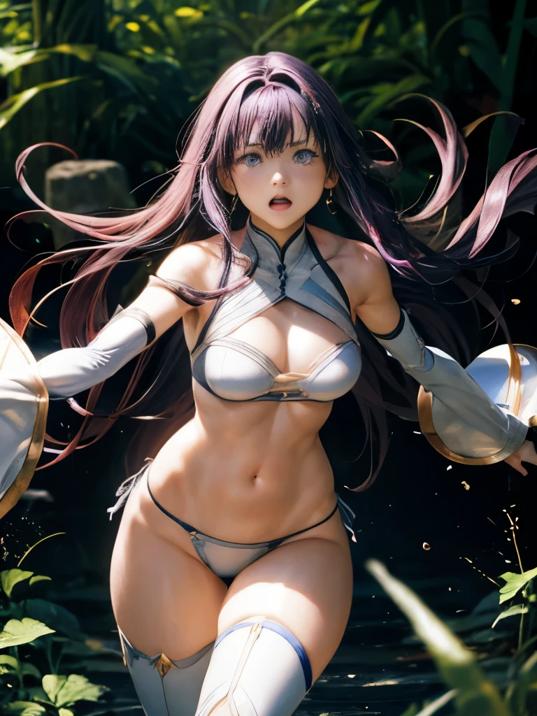 Highest quality、Battle of Despair、Beautiful woman with very long purple hair、White Armor(Exposing the breasts、Off the shoulder、No sleeve、No elbow pads、belly button、High Leg、Exposed thighs)、White Armorのブーツ、Tears overflow、Frightened expression、run away、Attacked by mutants 1:5、Many violent mutants 1:5、Mutant Holding Arm Mutant attacks from behind、Mutant grabs leg、Mutant Swarm 1:5、darkness、another world、Dark fantasy、hell