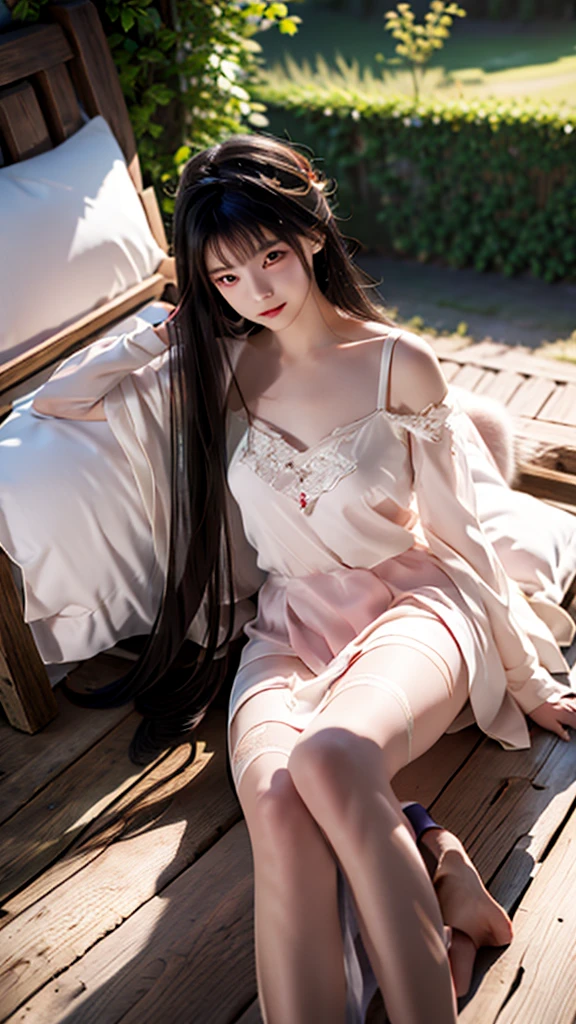 Twenty-five-year-old nine-tailed demon fox girl,Fox Eyes,Long pink hair above waist,Wear antique sheer tulle,Lying on side on wooden bed,look ahead,