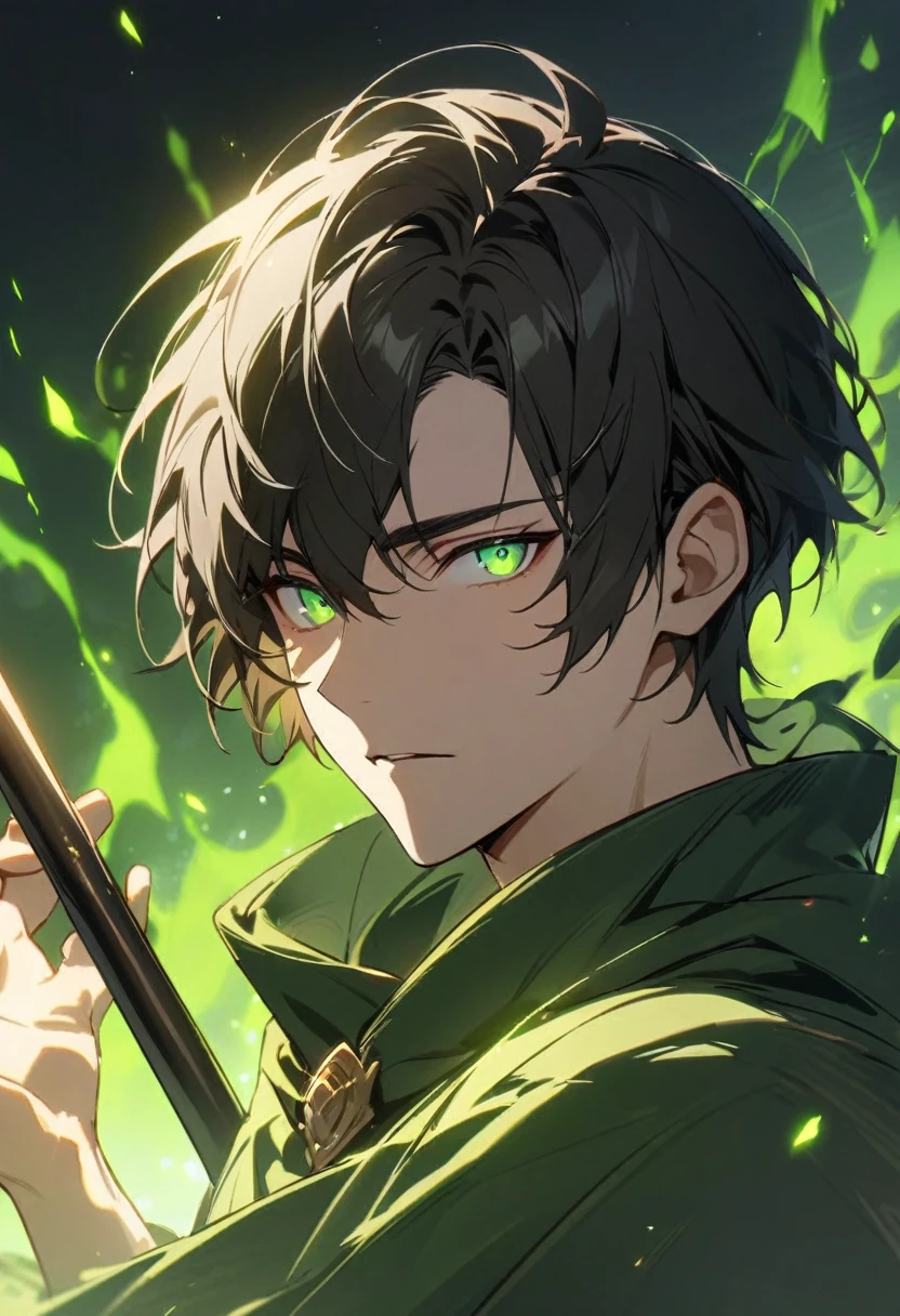 Man, short hair, black hair, green eyes, glowings eyes, green aura, brown aura, handsome, high quality, black stick, green cloak