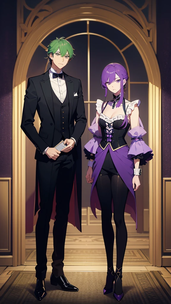 two anime characters dressed in formal clothes next to each other, Two men, one with green hair, another man purple hair digital rendering, pixiv, neo-romanticism, akehiko inoue y ross tran, wearing fancy formal clothing, Two men guapos anime, both wearing Victorian clothing, smoking, jin shan y ross tran, elegant anime key visual.