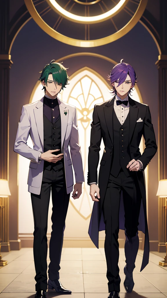two anime characters dressed in formal clothes next to each other, Two men, one with green hair, another man purple hair digital rendering, pixiv, neo-romanticism, akehiko inoue y ross tran, wearing fancy formal clothing, Two men guapos anime, both wearing Victorian clothing, smoking, jin shan y ross tran, elegant anime key visual.