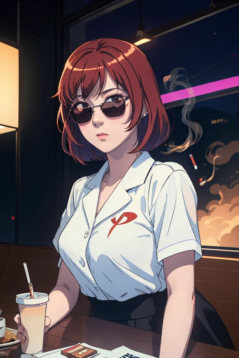 Beautiful redhead Asian girl sitting in a diner at night, Visible from the window, Perfect Face, sunglasses, Smoking white Taylormade cigarettes, Neon Black, (Backlight: 1.1), Hard Shadows, masterpiece, highest quality, Complex, Model shooting style, Vintage, Film Grain, Incomplete details