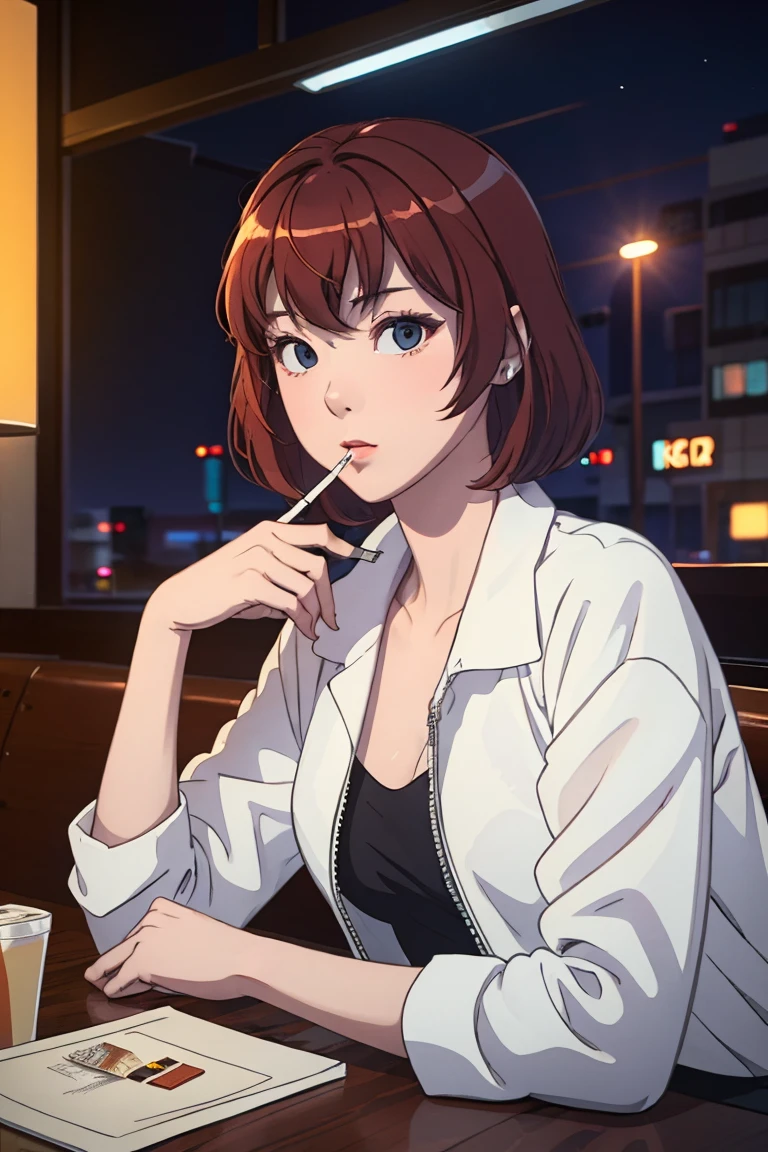 Beautiful redhead Asian girl sitting in a diner at night, Visible from the window, Perfect Face, sunglasses, Smoking white Taylormade cigarettes, Neon Black, (Backlight: 1.1), Hard Shadows, masterpiece, highest quality, Complex, Model shooting style, Vintage, Film Grain, Incomplete details