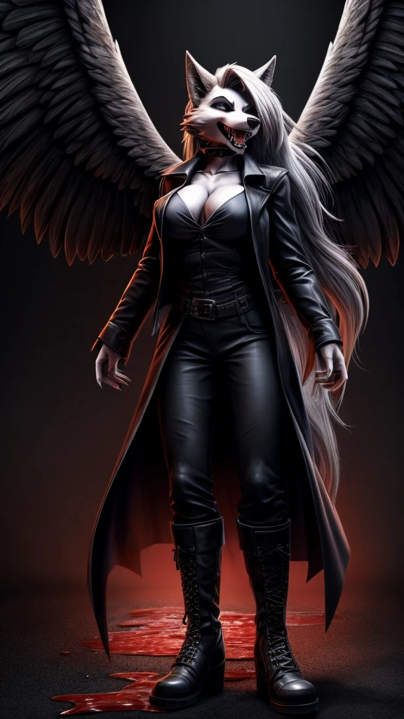 Loona from Helluva Boss, female wolf, anthro, mature adult, white hair, grey eyes, tall, muscular, dark angel, torture and violence angel, shirt, pants, trench coat, boots, chains, blindfolded, laughing, visible fangs, covered in blood, bloody face, standing, detailed, solo, beautiful, high quality, clear dark background, full body, 4K