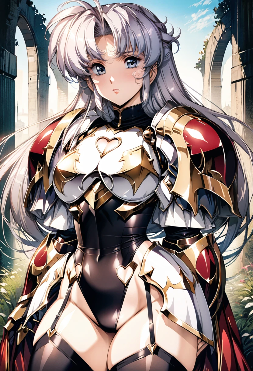 ((highest quality)), ((masterpiece)), ((hyperrealistic)), (detailed background), anime style, solo, 1girl, ((langrisser)), ((curvy: 1.2)), kawaii, ((armor dress: 1.3)), white long hair, ahoge, forehead, parted bangs, (white paladin armor), ((heart cutout black leotard: 1.3)), ((heart cutout black leotard: 1.3)), ((large breasts)), ((breastplate)), (corset), (zettai ryouiki black knee socks), ((gauntlet)), (big butt), (thighs), (groin), garter straps, beautiful eyes, perfect face, Perfect hands, perfect fingers, Blue sky and grassland,