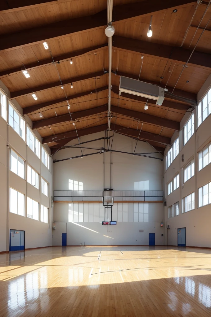 a spacious gymnasium with retractable bleachers and a stage for sporting events and presentations.
