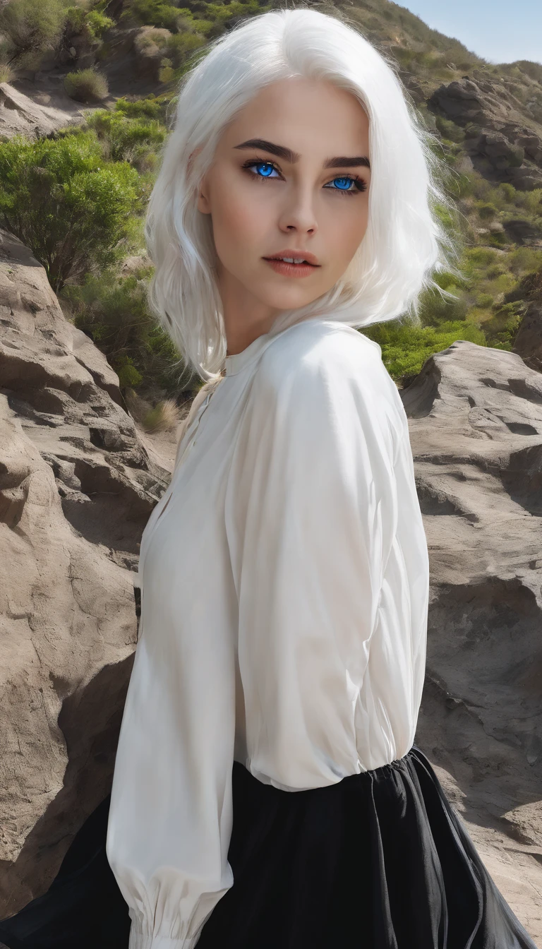 27 year old woman with white hair,blue eyes,white skin with short black dress full body 