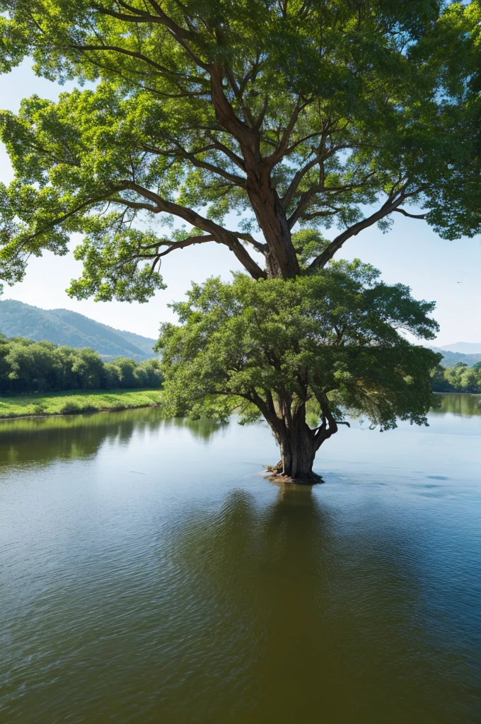 Nature with a big tree in the middle and a river