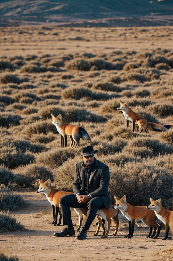 A man is sitting on watch and there are many foxes near him