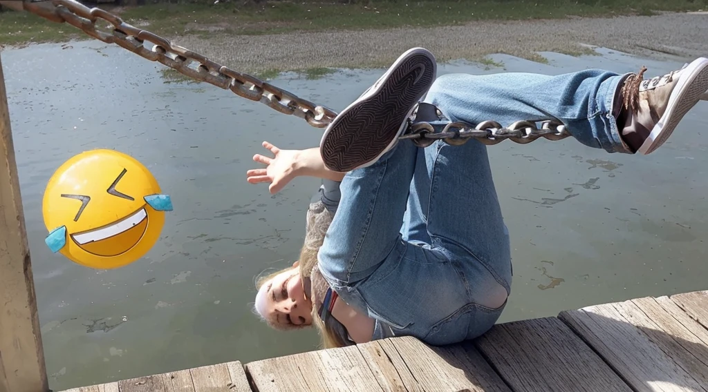 American woman, about 30 years old, white skin, shapely body, long blonde hair, wearing a red bra, white short skirt, leaning back, feet hooked on chains, colored sneakers white, arms spread out, face scared.