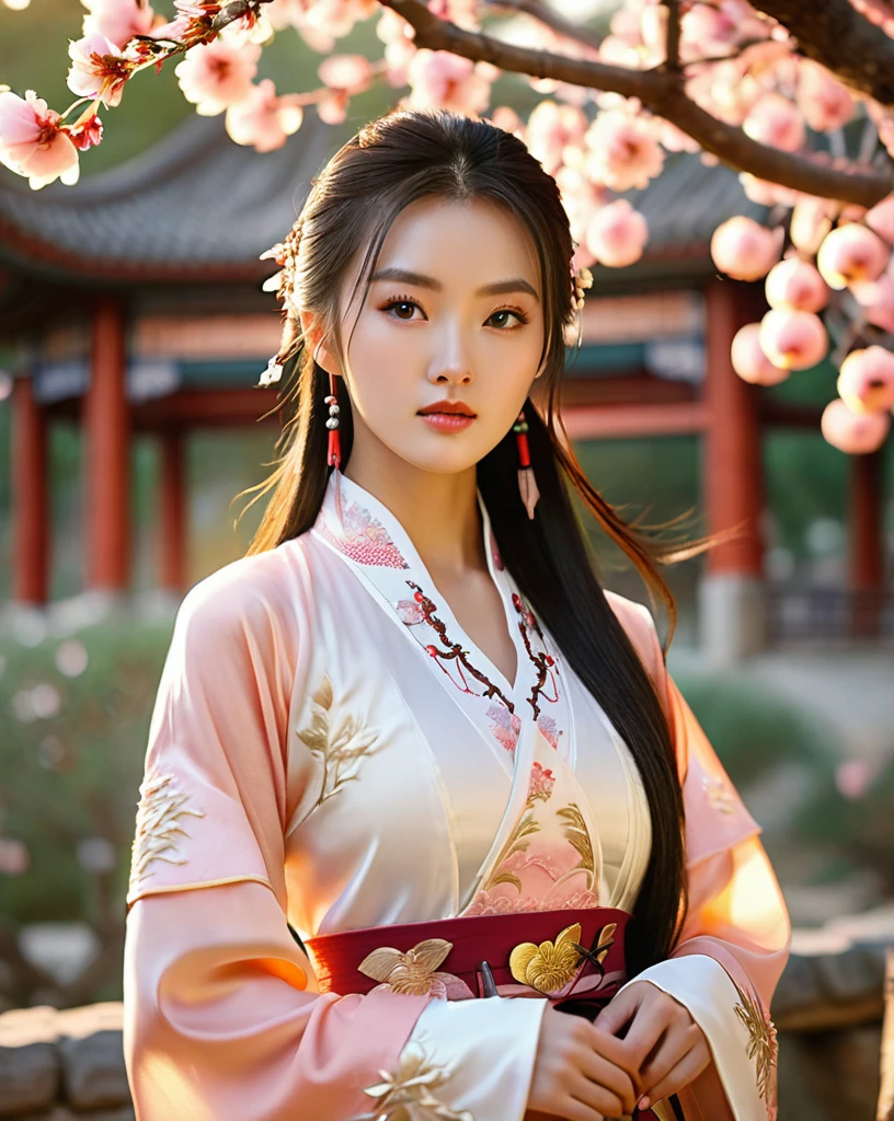 beautiful korean female, 31 inch breasts size, wearing luxury white fantasy traditional chinese dress , In the ancient peach garden, sunset light,bokeh background, UHD, Inspired by Xiaolongnü in the movie The Return of the Condor Heroes2,video game style, mortal kombat style
