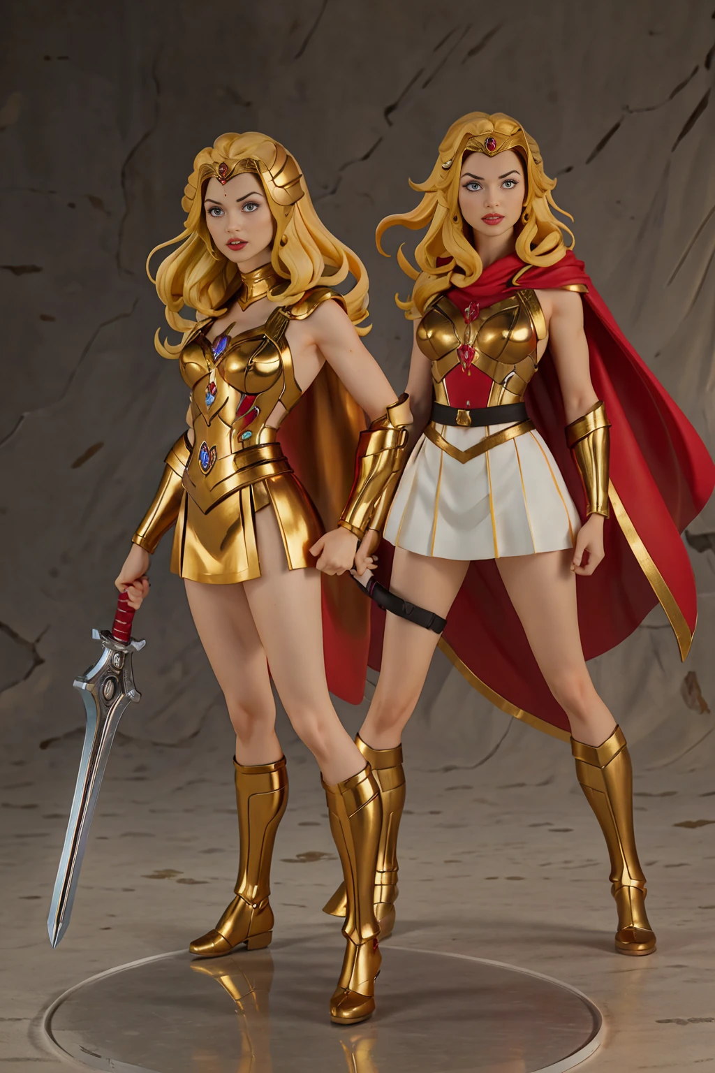 ((Full body photo, standing, feet on the ground)) 2 girl, Gal Gadot, ultra-realism, ultra-resolution, HDR, Photographic realism, Heroine pose, holding a sword, woman, medium breasts, straight hair and large, with golden Scorpion armor with white and red details, Knight of the Zodiac, golden Athenian helmet, black cape, in Greece, fight, 8k, full body, slight smile, frontal shot.
