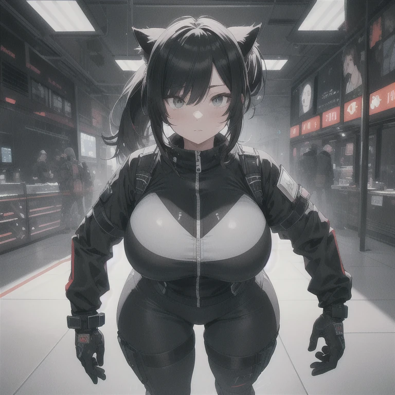 Absurd resolution,high resolution,(masterpiece: 1.4),hyper-detail,fullbody shot,head to toe,full frontal camera perspective,solo,shorter,standing,glasses,kemono feline cat futanari,nasapunk apparel,death stranding,no skin other than neck and head shown,watertight environmental suit,black hair,messy ponytail,cute face,detailed soft grey luminous eyes,huge massive hyper super swollen heavy milky breasts,breasts so big that cover her whole torso and are bigger than her head while being so big they reach her bellybutton,extremely super large swollen perky heavy bust,super huge enormously gigantic tits,gigantic breasts stretching/straining out of her outfit looking like they are about to burst out,breasts compressed squishing barely contained in outfit,inflated breasts,breast_expansion,super gigantic swollen heavy tits,wide full hips,narrower torso and shoulders,smaller torso,narrower waist,full thicc big soft thighs,thicc big full thighs,big rounded full soft butt,thicc butt,ruggedized utility styled outfit,fully insulated suit,full body outfit coverage with no skin showing or revealed,airtight/watertight zippers and seals,scifi monochrome black and grey fullbody covering protective padding rugged loose-fitted pilot utility suit with strategically placed protective padding,white watertight zipper utility cropped top for breasts support with a black strap horizontal across cleavage worn on top of suit,tactical strategic angular-patterned protective padding on hips and thighs and abdomen,practical/functional clothing,weather-proof durable clothing material,nylon clothing material,custom made clothing to fit and support large breasts,scifi padded rugged rigid high collar cropped cutout fitted techwear jacket,armored high collar,white and black triangular decals and techwear iconography on apparel and clothing,techwear gloves,ruggedized tech,ruggedized tech aesthetic,fitted utility pants,utility chaps,near future scifi,cyberpunk aesthetic,anime aesthetic,tactical aesthetic