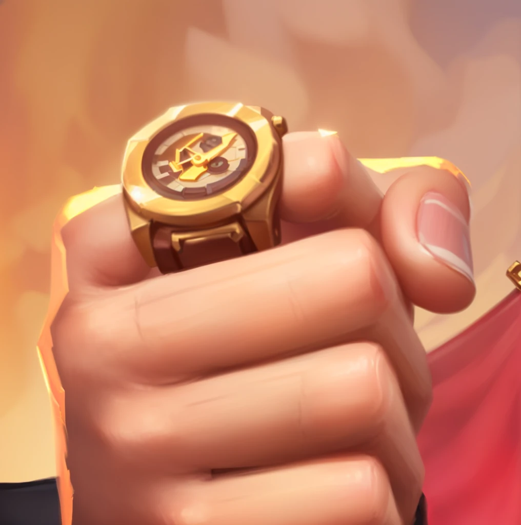 there is a cartoon picture of a person holding a watch, holding gold watch, holding gold, extra detail, holding a gold! cane!, hearthstone style art, closeup of fist, item art, detailed art, extreme hand detail, fan art, high details!, banner, hearthstone art, small details, hearthstone weapon art, tf2, tf 2, thertrevkaiser