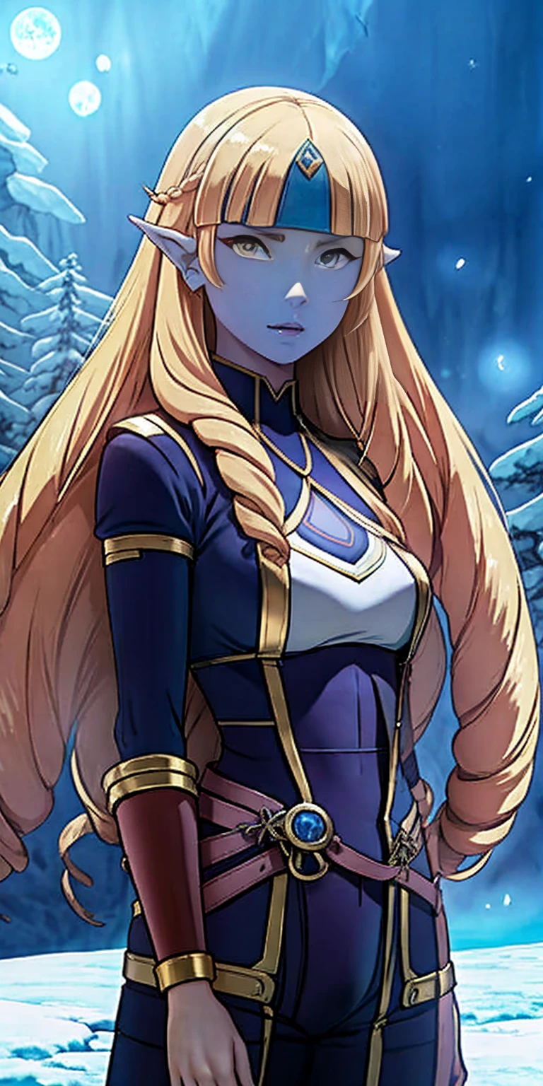 Blue skin, Frozen, Princess Zelda , rare, ice maiden, shiva loincloth armor, beautiful women, long icy hair, icy eyes, blue skin, winter village