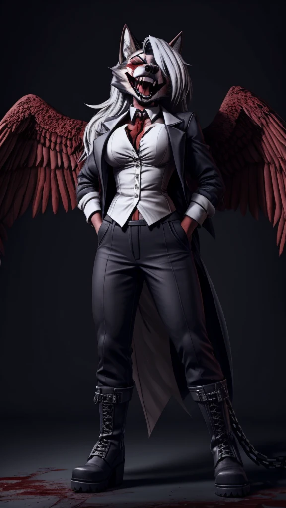 Loona from Helluva Boss, female wolf, anthro, mature adult, white hair, grey eyes, tall, muscular, dark angel, torture and violence angel, shirt, pants, trench coat, boots, chains, blindfolded, laughing, visible fangs, covered in blood, bloody face, standing, detailed, solo, beautiful, high quality, clear dark background, full body, 4K