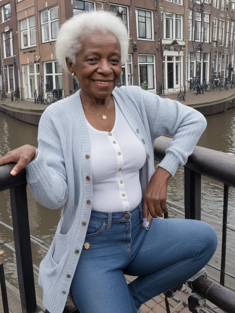 Androeda, solo, realistic, black girl, ((85-year-old girl)), ((mature)), ((old woman)), ((wrinkled woman)), african american old woman, old black woman, dark-skinned, (((upper body and upper legs))), ((outside overlooking Canal houses in Amsterdam)), ((selfie shot)), smiling, wearing attractive cardigan and jeans, white hair