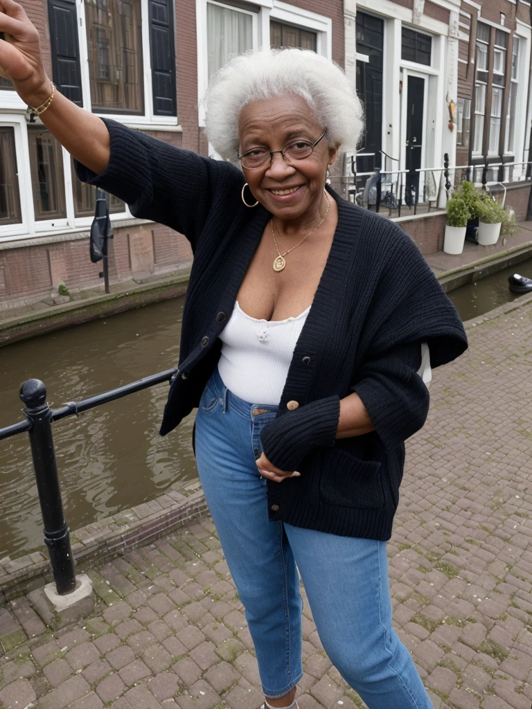 Androeda, solo, realistic, black girl, ((85-year-old girl)), ((mature)), ((old woman)), ((wrinkled woman)), african american old woman, old black woman, dark-skinned, (((upper body and upper legs))), ((outside overlooking Canal houses in Amsterdam)), ((selfie shot)), smiling, wearing attractive cardigan and jeans, white hair