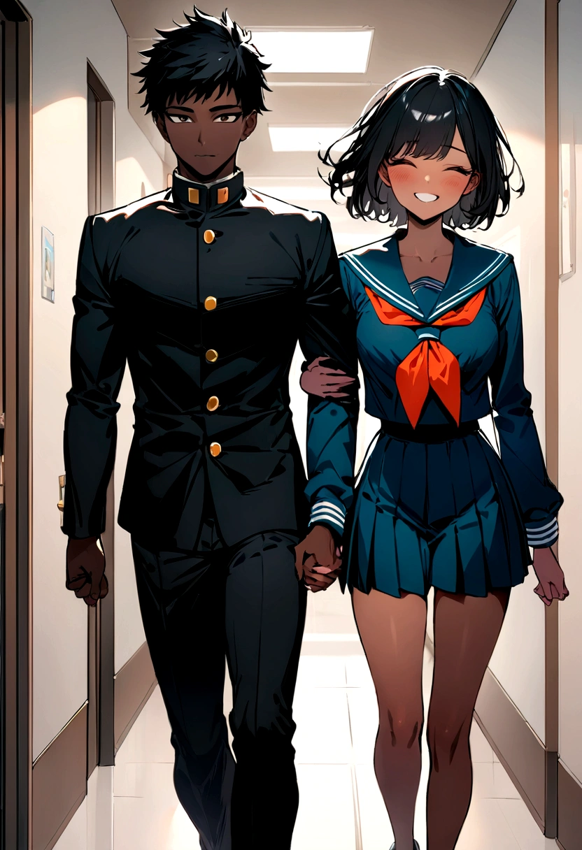 Masterpiece, Best Quality, 2 a couple a dark skinned boy wearing a gakuran and his light skinned, black haired girlfriend wearing a sailor fuku were holding hands as they ran through the school hallways with smiles on their faces 