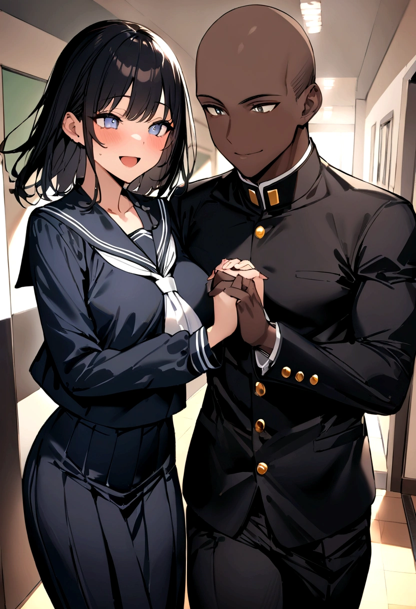 Masterpiece, Best Quality, 2 a couple a dark skinned boy wearing a gakuran and his light skinned, black haired girlfriend wearing a sailor fuku were holding hands as they ran through the school hallways with smiles on their faces 