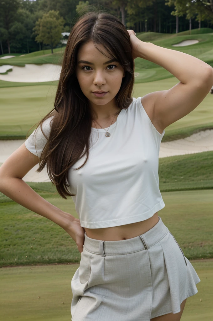 1girl in, 30 years old, Square face, Long hair, Looking at viewer, jewelry, Reality, Sexy, Short skirt outfit, , golf course backdrop, free pose