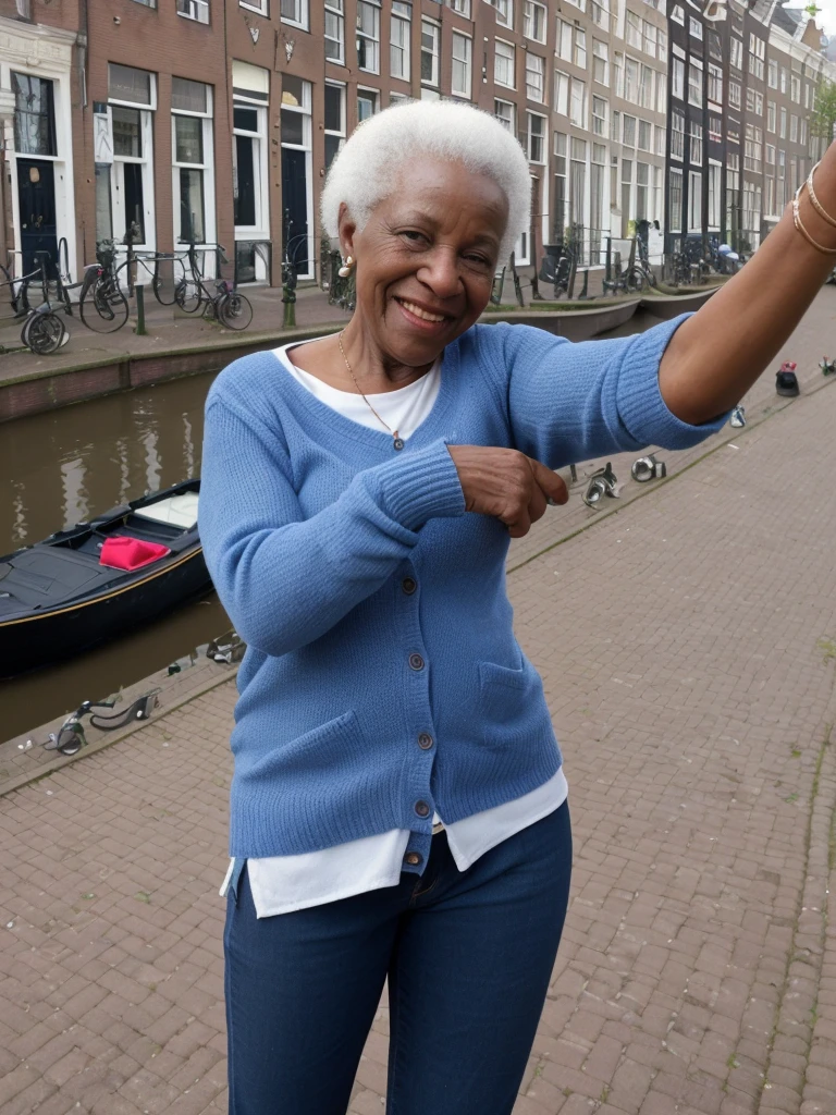 Androeda, solo, realistic, black girl, ((85-year-old girl)), ((mature)), ((old woman)), ((wrinkled woman)), african american old woman, old black woman, dark-skinned, (((upper body and upper legs))), ((outside overlooking Canal houses in Amsterdam)), ((selfie shot)), smiling, wearing attractive cardigan and jeans, white hair
