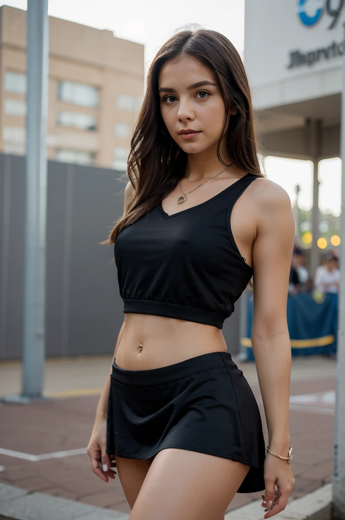 1girl in, 30 years old, Square face, Long hair, Looking at viewer, jewelry, Reality, Sexy, Short skirt outfit, , sports background, free pose