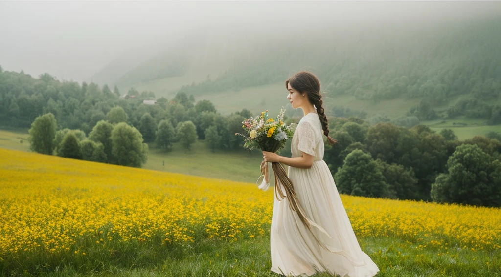 (Watercolor in Sargent style)、(top-quality、masterpiece)、(David Hamilton Style)、(softfocus)、Cinema Angle、ciinematic light、Soft light、Countryside painted on a foggy morning、Create an ethereal scene in a calm morning misty meadow。Draw delicate and blurry brushwork、Capture the elusive nature of fog、Enhance the serene atmosphere of the countryside、One lady、dark brown hair、Braided hair、White blouse and long skirt、picnic、standing on a hill、blown by the wind、Holding a bouquet of flowers in your hands、