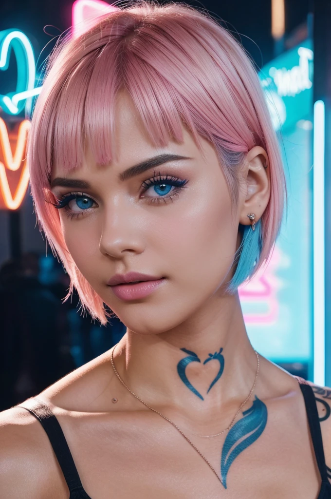 A girl in bob hair cut neon light pink blue 
heart shape tattoo on her face closeup photo