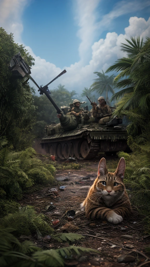 hallucinating, Daydream , Bokeh , Cat shit , Vietnam War , (Rabbit-eared American soldiers and cat-eared Vietnamese guerrillas) , hairy , Daytime bushes , War scenes
