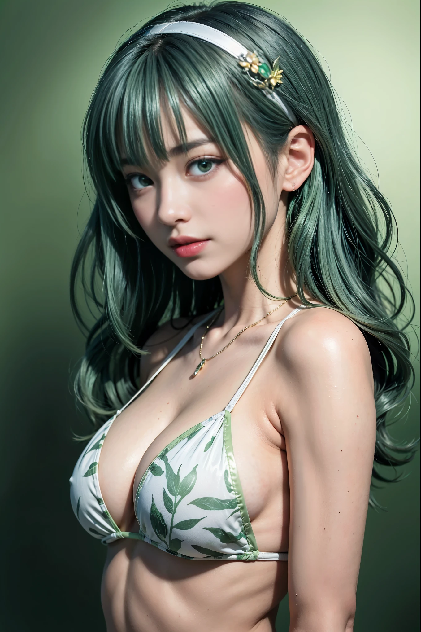 (from below:1.2),from front:1.6,????? focus,cowboy shot,full body,（8K RAW photo,Live shooting, top quality, masterpiece:1.37),(Real,Photorealistic:1.37）,Ulzzang-6500-v1.1,extreme light and shadow,（Glossy skin:1.6,shiny skin:1.3),small head:1.3,（girl）,20yo,Japanese idol,alone:1.6,3D,looking at viewer:1.6,perfect eyes, Detailed and beautiful eyes, beautiful eyelashes,perfect ???????,oily skin:1.5shiny:1.3,shiny hair:1.3,BREAK （(light greenhair:1.4）,（light green short hair:1.4)）,（hanging bangs:1.6）,(Aqours eyes),natulal make_up:0.6,hair ornament,thin necklace,ear piercing:0.3,Layered bracelets,Gentle Smile,????????????,rocket bit,cleavage:1.2,underboob:1.4,BREAK (Tropical pattern white micro ??????:1.4),A transparent white Y-shirt that has been taken off:1.3,strappy sandals ,BREAK （standing,??????????）,arms behind head,armpit,（????? line1.6),（groin:1.4）, （(light green background:2.0）,（Single-color background:2.0)）,depth of field,noise filter:1.6,Grey Film filter,