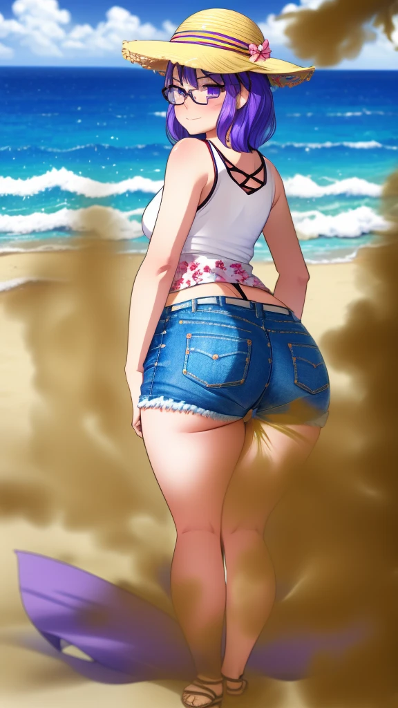 1girl, solo, purple eyes, embarrassed, blushing, short hair, glasses, hair clip, white blouse with floral print, frayed denim shorts, sandals, colorful bracelet, straw hat, big butt, (on the beach)