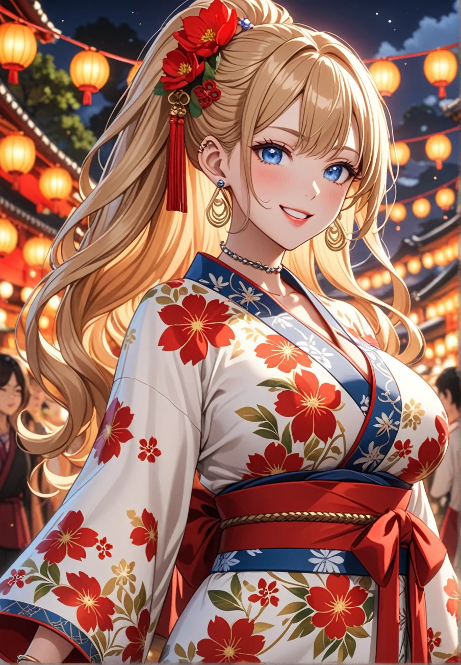 ((one girl)), Beautiful Face, (Laugh shyly), ((laugh:1.3)), ((Wink:1.6)), Laughing with your mouth open,(Tilt your head:1.3), (Upper teeth), View your viewers, ((Bright red cheeks:1.6)),Glossy Red Lips, ((Big Breasts:1.4)) night, Shrine festival stalls, (Shining Face), ((Anime style background)),masterpiece, Highest quality, so beautiful,Latest, Complex details, (Pink long nails), (nail art), (ring),(bracelet), (ring helix piercing:1.7), (Floral Choker),AI-generated, Complex,High resolution, Highest quality, super high quality,3D Images、3D Images,One person,Blonde long hair,(High Ponytail), (Wavy Hair), Anime woman posing for a photo, ((Fine grain、blue eyes、Shining Eyes:1.4)), (Squint your eyes:1.1),a hyperRealistic , hyperRealistic , Realistic,Long blonde anime woman, Smooth anime CG art, Pink large floral patternの刺繍が入った、Woman in luxurious kimono, ((White long-sleeved kimono)),(Pink large floral pattern) ,Long flower hair ornament,Floral Earrings,Mature Body, expensive,Abdominal muscles,Tight waist,((Zoom in on face:1.6)), (front view),