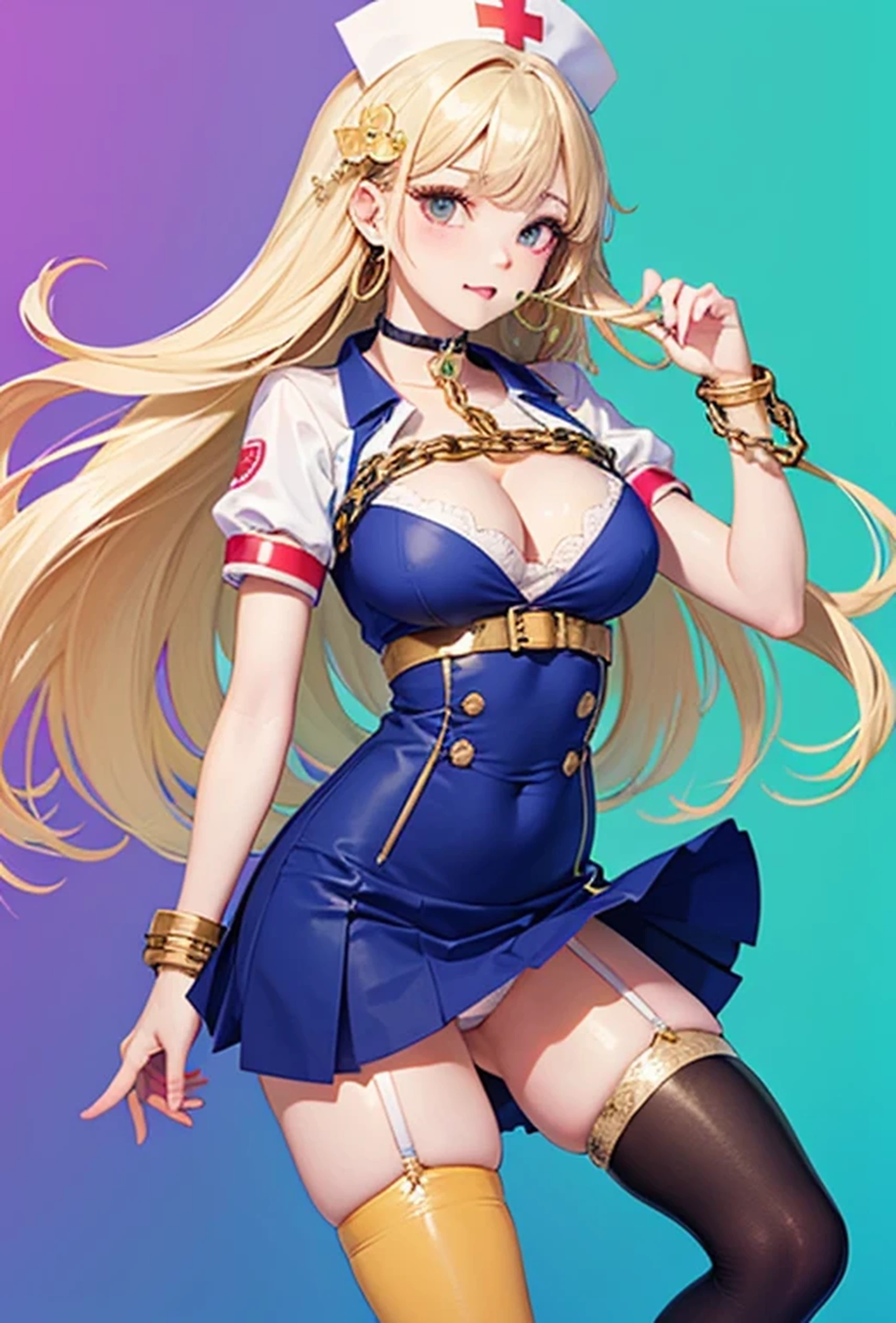 (Super detailed、Ultra-high resolution、Vibrant colors)、((Flat Color))、((colorful))、Multicolored lighting、((浮かぶcolorfulな水))、Blue background、
Nurse uniformを着て縛られた女、Random Pause、(Golden chains on body、Golden chain collar、handcuffs)、Random Sexy Poses
(Long Hair、Vermilion, silver and gold hair、hair ornaments、Big Breasts)、(Nurse uniform、choker、Skirt with slits、Knee-high stockings、garter belt、White biting panties)、Chest、cameltoe、TWICE's Tzuyu' on pause、Beautiful blue eyes、Beautiful lips、(A rich expression、happy、fun)