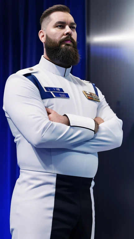 The space general wears a futuristic uniform, he is fat bearded, long sleeve uniform , he has his arms crossed seriously, speaking to the viewer, He wears a white general's hat on his head.