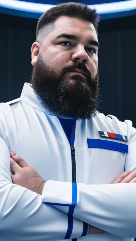 The space general wears a futuristic uniform, he is fat bearded, long sleeve uniform , he has his arms crossed seriously, speaking to the viewer, He wears a white general's hat on his head.