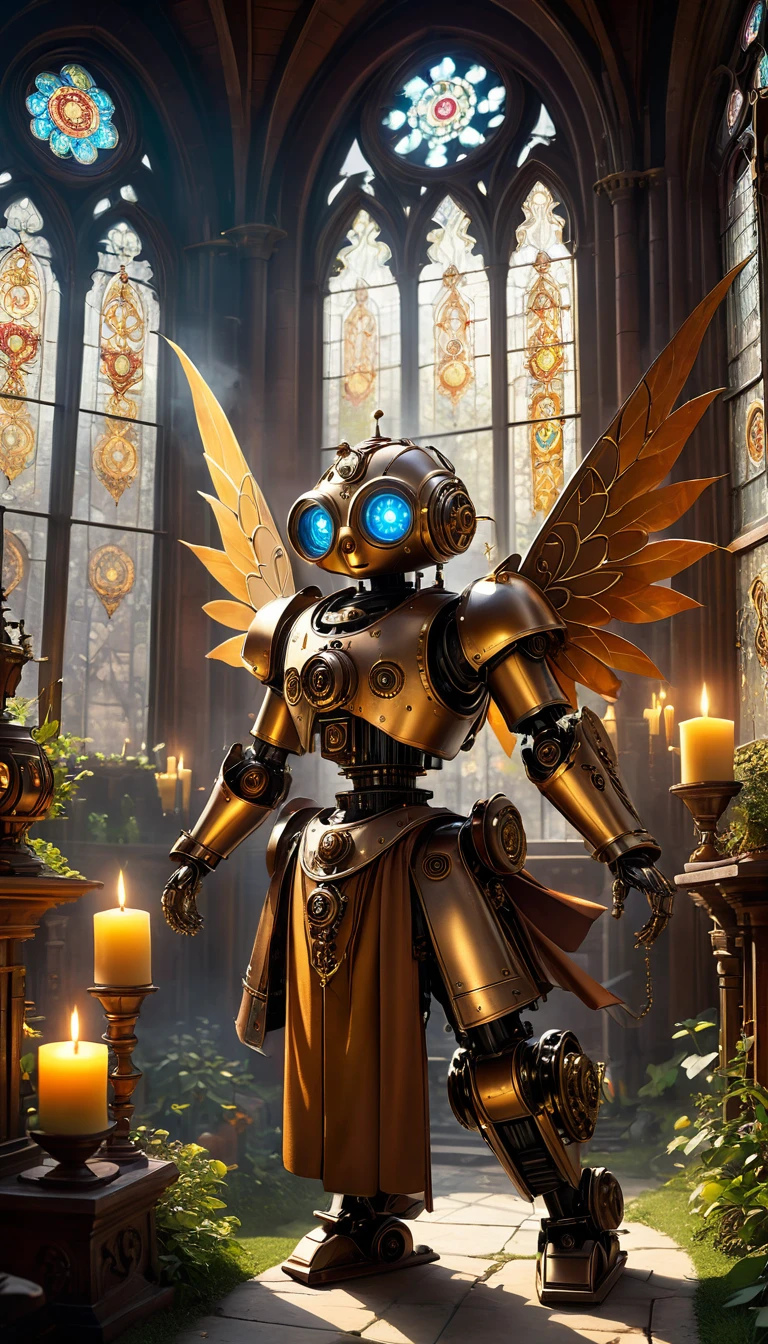(best quality,4k,8k,highres,masterpiece:1.2),ultra-detailed,(realistic,photorealistic,photo-realistic:1.37),medieval monastery garden,steampunk robot monk,beautiful ornate architecture,steampunk machinery and gears,exquisite stained glass windows,enchanted flower garden,ancient stone walkway with intricate carvings,glowing candles and dimly lit atmosphere,steam and smoke billowing from the machinery,mystical atmosphere,peaceful and serene setting,mechanical wings attached to the robot monk's back,robot monk with intricate clockwork mechanisms,electromechanical eyes glowing with energy,warm golden color palette,gentle sunlight streaming through the stained glass windows,whispering sound of wind and rustling leaves,the scent of aged books and incense,notes of ancient Gregorian chants echoing in the air,sense of awe and tranquility,combination of futuristic and medieval elements,harmony of technology and spirituality.