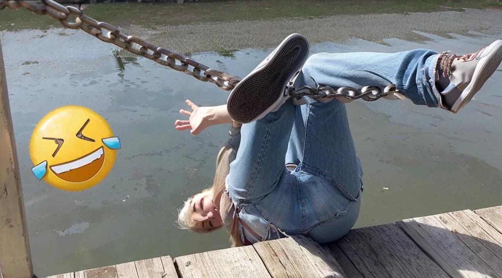 American woman, about 30 years old, white skin, shapely body, long blonde hair, wearing a red bra, white short skirt, leaning back, feet hooked on chains, colored sneakers white, arms spread out, face scared.