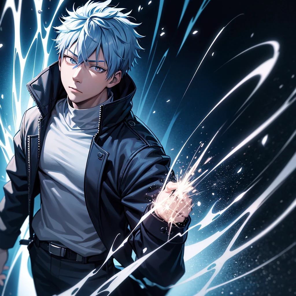 one japanese man, frost blue hair, amber eyes, jujutsu kaisen background, high res, ultrasharp, masterpiece, jujutsu kaisen style