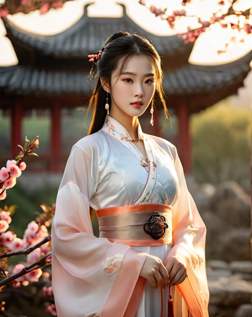beautiful korean female, 31 inch breasts size, wearing luxury white fantasy traditional chinese dress ,   In the ancient peach garden, sunset light,bokeh  background, UHD, Inspired by Xiaolongnü in the movie The Return of the Condor Heroes2,video game style, mortal kombat style