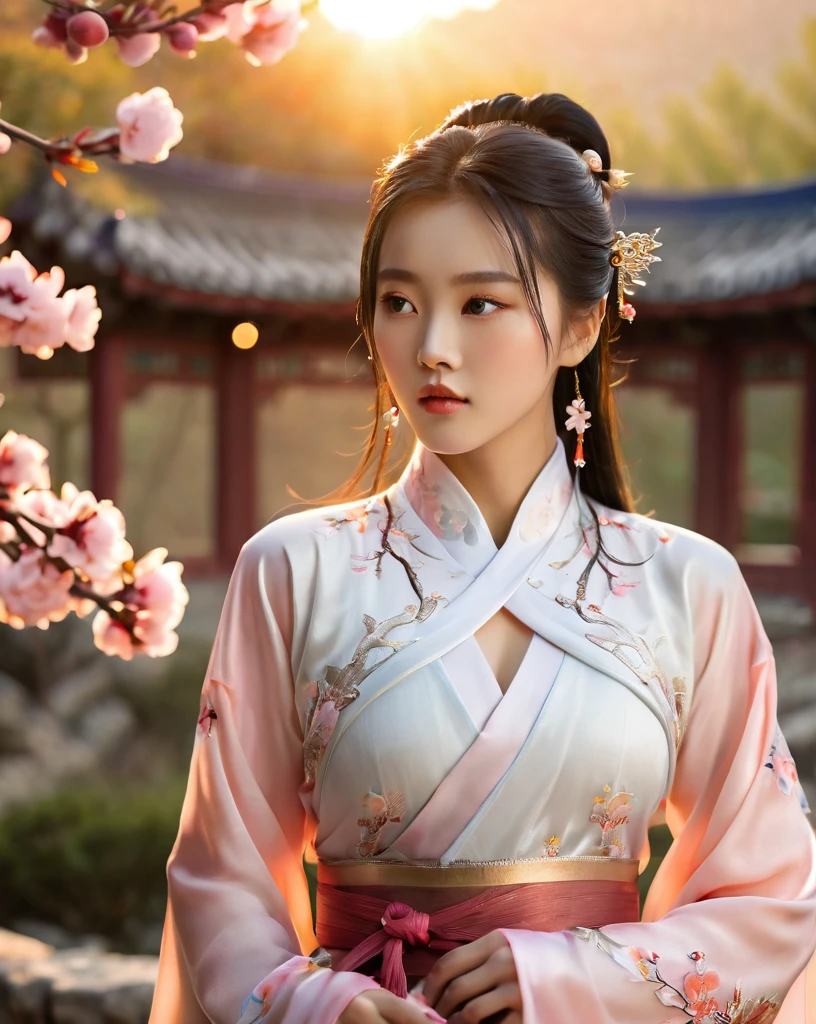 beautiful korean female, 31 inch breasts size, wearing luxury white fantasy traditional chinese dress ,   In the ancient peach garden, sunset light,bokeh  background, UHD, Inspired by Xiaolongnü in the movie The Return of the Condor Heroes2,video game style, mortal kombat style