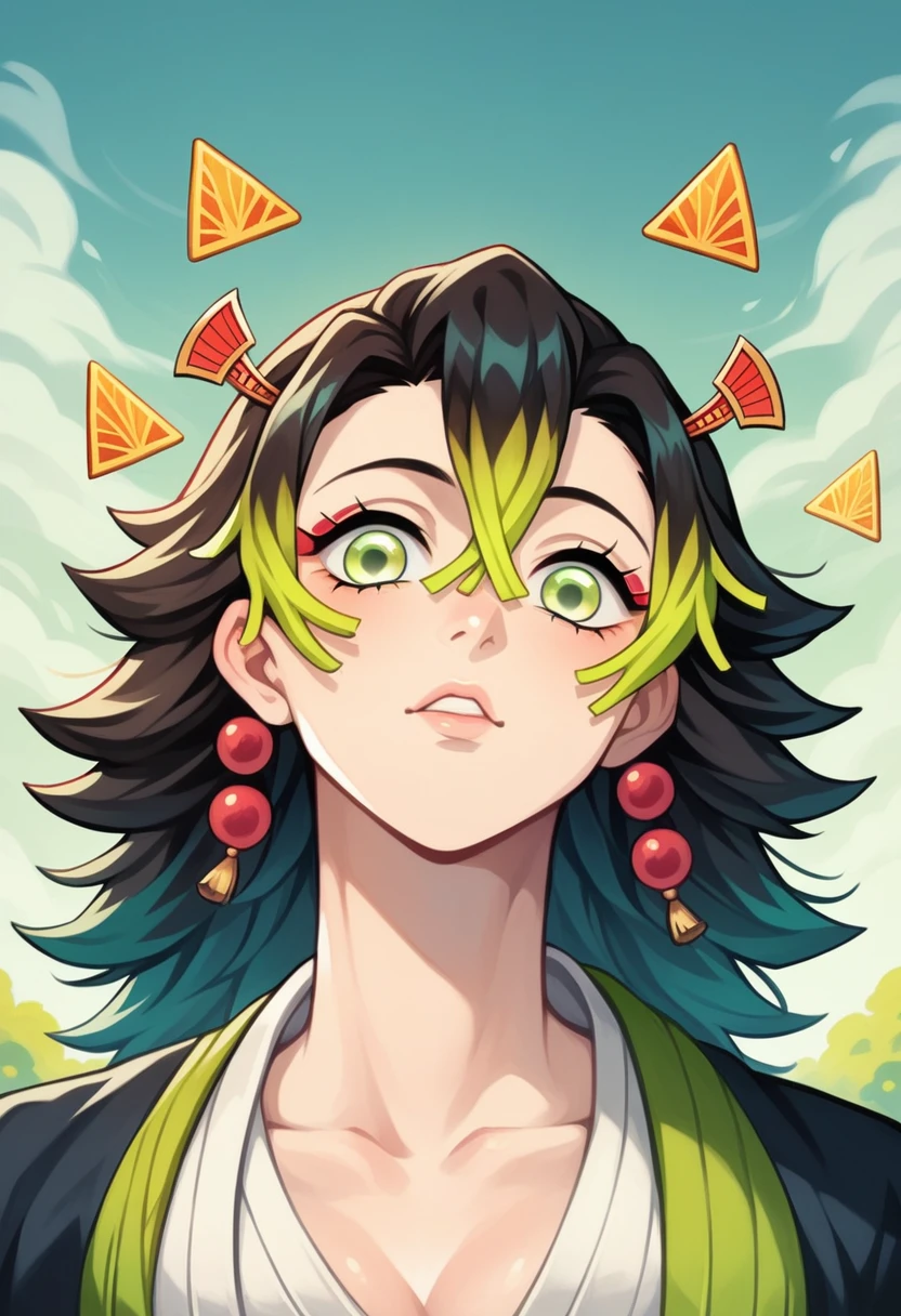 1 girl , Asian/anime estilo kimetsu no yaiba, emerald green eyes with yellow highlights, hair like zenitsu choppy and straight dark blue color with tips/salmon colored highlights/peach, with crossed bangs and two sideburns of her hair and two strands raised from her head. Demon hunter uniform with yellow triangle pattern haori. Calm and worrying look in a natural farm environment.