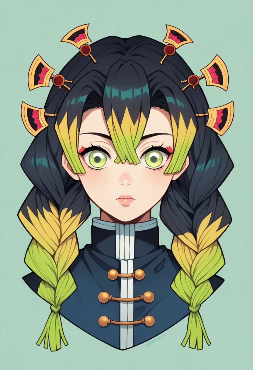 1 girl ************, Asian/anime estilo kimetsu no yaiba, emerald green eyes with yellow highlights, hair like zenitsu choppy and straight dark blue color with tips/salmon colored highlights/peach, with crossed bangs and two sideburns of her hair and two strands raised from her head. Demon hunter uniform with yellow triangle pattern haori. Calm and worrying look in a natural farm environment.