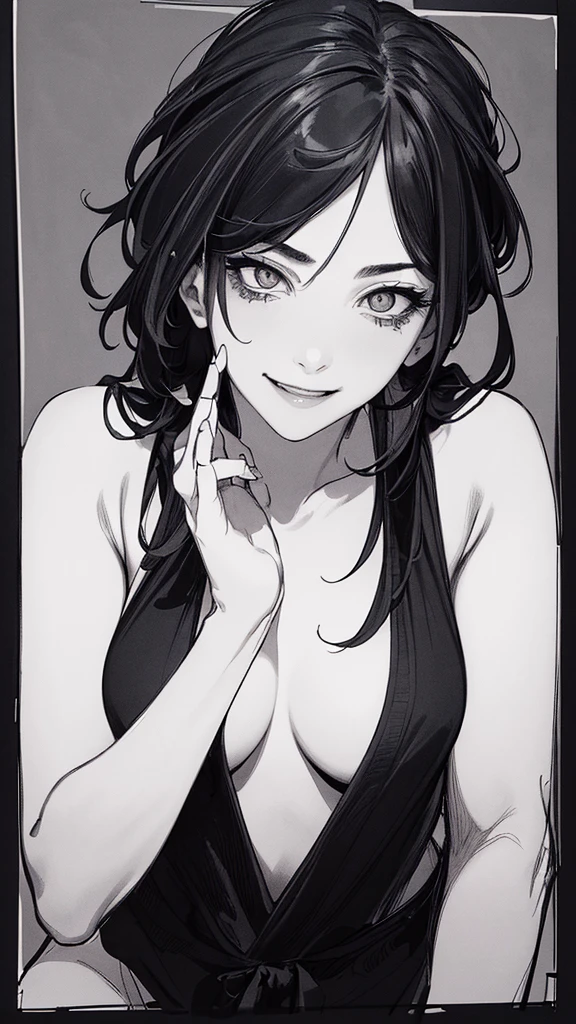 Best Quality, (background detail), high contrast, very beautiful woman, detailed original illustration, functional, ninja, ninja costume, black hair, delicate face, charm, bad girl, sexy, real breasts, crazy smile, crazy eyes, black background, (black background: 1. 5), beautiful line drawing, monochrome