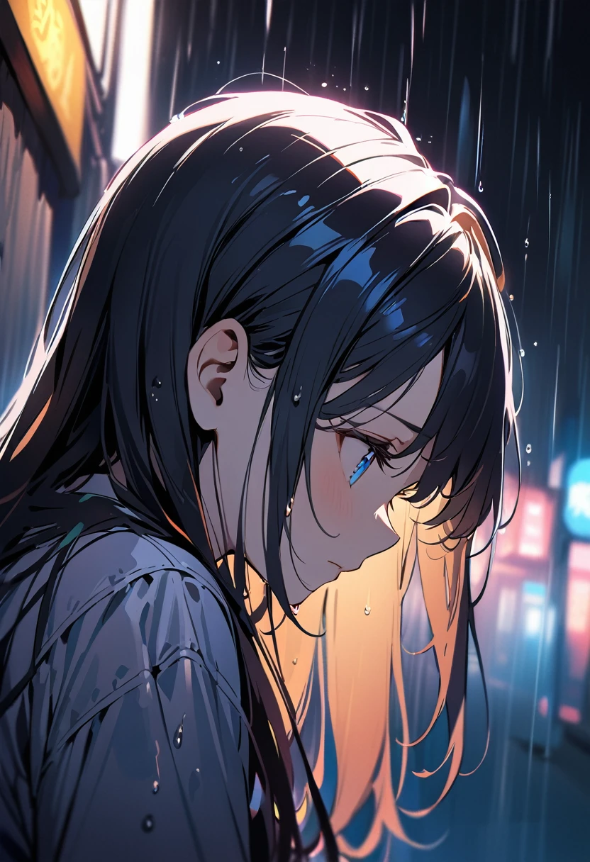 1 girl, long hair, black hair, straight hair, short bangs above brows, blue eyes, looking down, sad, teared, wet hair
BREAK (masterpiece), (high resolution 8K), cinematic lighting, professional lighting, detailed eyes and face, detailed body,
BREAK from side, profile, rain, night