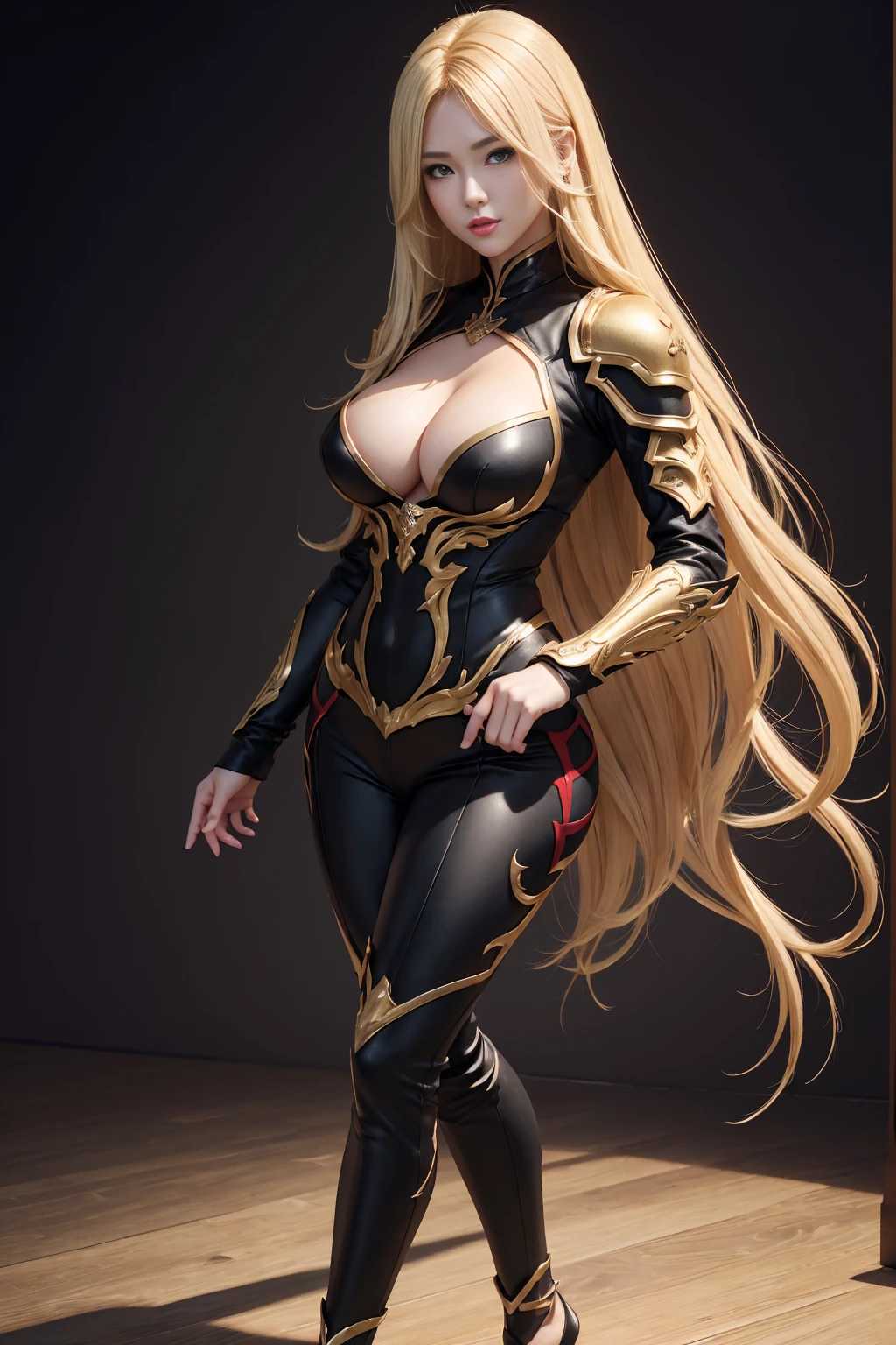 ((Full body photo, standing, feet on the ground)) ((8K,High image quality High image quality、Artwork：1.4))、1 person、、Long blonde hair、gradient hair、Demon Hunter Super Gorgeous、Beautiful expression、red lips,beautiful eyeodels with big breasts、perfect face shape、Black and red sexy chest armor、Black and red pants and legs extended,With a wide variety,golden decoration,realistic proportions、pose dynamic、Advanced details、complex、complex details、realistic eyes、realistic eyesのプロポーション、sharp focus、32k、realistic lighting、Extreme details、realistic student、realistic proportion eyes、realistic proportions students、realistic shadow、Evasion,
