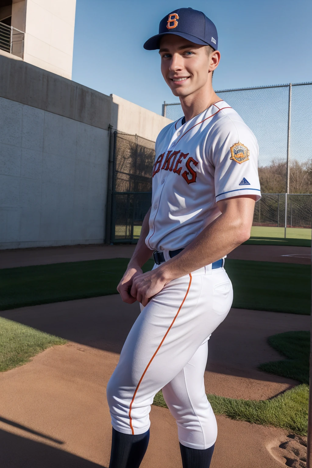 1boy, (Blue Eyes), happy smile,caucasian boy,18 years old,young, slim body, slender, skinny body build, child-like, twink,outdoors, ((baseball field)), standing at 2nd base, ConnorPeters, baseballplayer, baseball uniform, orange pinstripe jersey, (white pants), orange socks, black sneakers, orange baseball cap, fielding mitt, fielding position, smiling, (((full body portrait))), wide angle   ,pale skin, pink nipples, skinny, good lighting, very pale skin, light skin, model with attractive body,,big bulge and big butts,(Best quality, 8k, Masterpiece). High Detail , , superior quality, natural lighting, beautiful, sexy, correct anatomy, good composition,realistic shapes, realistic skin tones,Natural eyes,realistic eyes,looking up at viewer,vpl,realistic muscles,Realistic wrinkles on the skin,Realistic arms and legs,Realistic face,realistic hair,Make a sexy and seductive face,, Clear Focus: 1.2, Perfect Body virile: 1.4 , Slender Abs: 1.2, Highly detailed face and skin texture, detailed eyes, double eyelids, big upper lip, man focus,amazing composition, front view, HDR, volumetric lighting, ultra quality, elegant,Post a erotic photoshoot,Realistic pose,detailed hair,full body,Fujifilm XT3 photorealistic art by midjourney