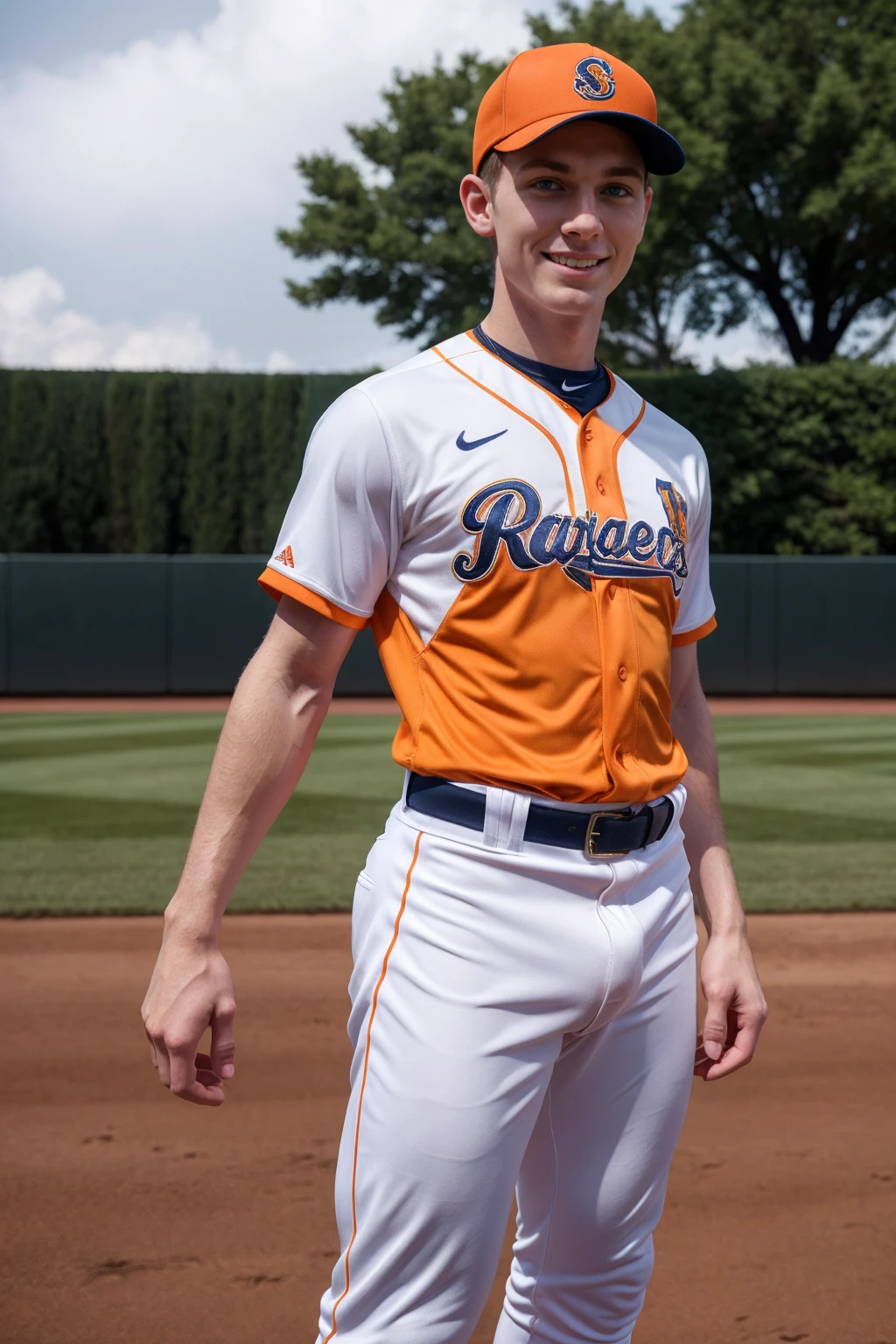 1boy, (Blue Eyes), happy smile,caucasian boy,18 years old,young, slim body, slender, skinny body build, child-like, twink,outdoors, ((baseball field)), standing at 2nd base, ConnorPeters, baseballplayer, baseball uniform, orange pinstripe jersey, (white pants), orange socks, black sneakers, orange baseball cap, fielding mitt, fielding position, smiling, (((full body portrait))), wide angle ,pale skin, pink nipples, skinny, good lighting, very pale skin, light skin, model with attractive body,,big bulge and big butts,(Best quality, 8k, Masterpiece). High Detail , , superior quality, natural lighting, beautiful, sexy, correct anatomy, good composition,realistic shapes, realistic skin tones,Natural eyes,realistic eyes,looking up at viewer,vpl,realistic muscles,Realistic wrinkles on the skin,Realistic arms and legs,Realistic face,realistic hair,Make a sexy and seductive face,, Clear Focus: 1.2, Perfect Body virile: 1.4 , Slender Abs: 1.2, Highly detailed face and skin texture, detailed eyes, double eyelids, big upper lip, man focus,amazing composition, front view, HDR, volumetric lighting, ultra quality, elegant,Post a erotic photoshoot,Realistic pose,detailed hair,full body,Fujifilm XT3 photorealistic art by midjourney